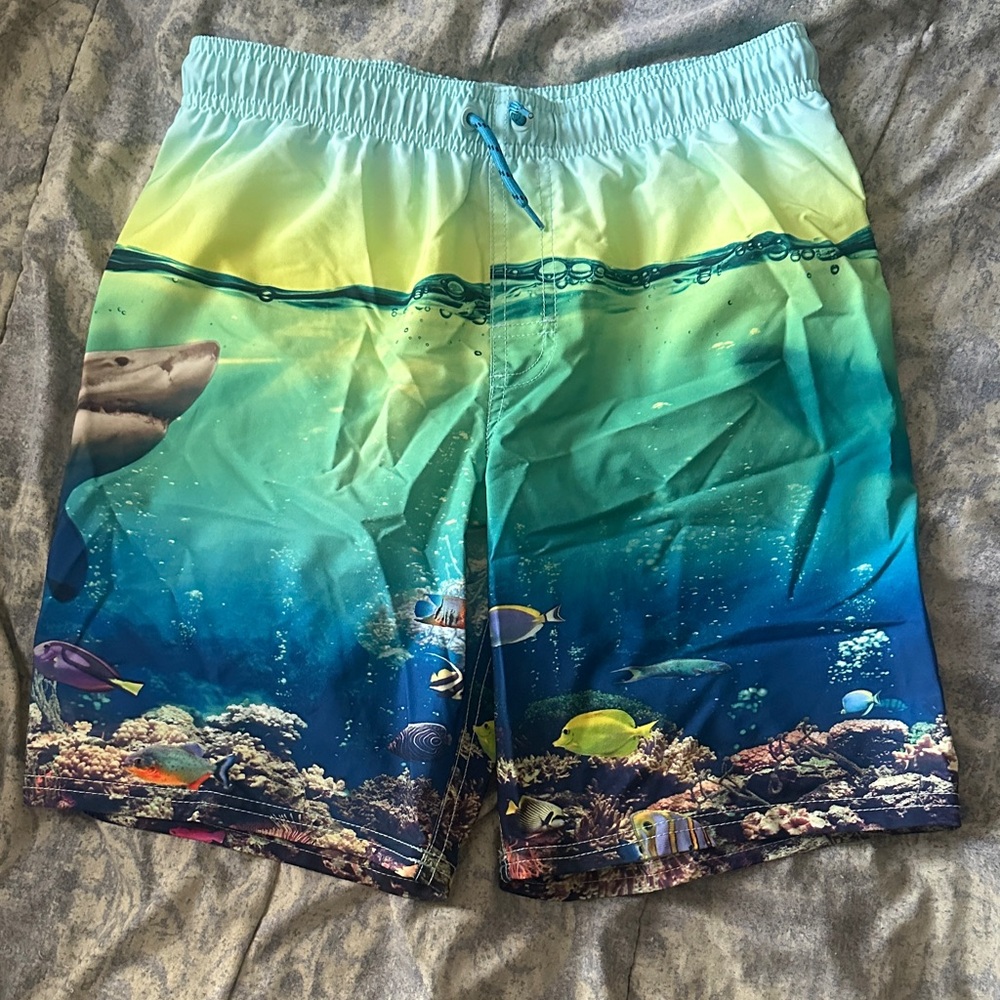 wonder nation Boys Blue Green Yellow Ocean Print Swim Trunks